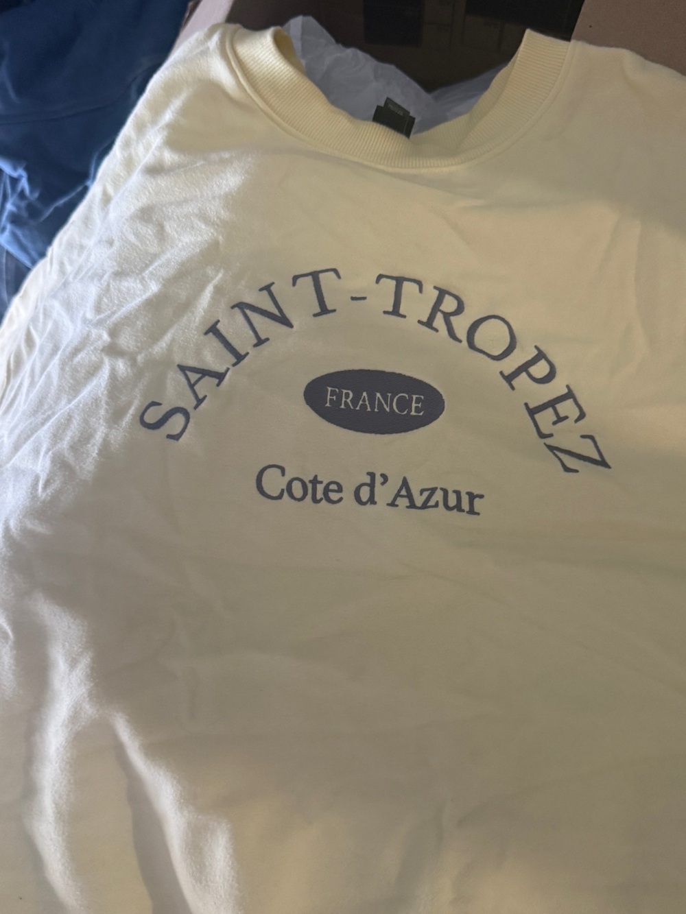 Saint-Tropez Cote d'Azur Graphic Tee - Butter Yellow with Blue Print